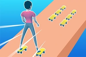 En person i en pink trøje skater på et skateboard ned ad en rampe mod flere gule skateboards