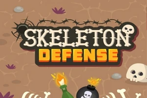 Titel Skeleton Defense med skeletter, en tændt bombe og en flaske på en brun baggrund med kranier og pigtråd