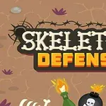 Titel Skeleton Defense med skeletter, en tændt bombe og en flaske på en brun baggrund med kranier og pigtråd