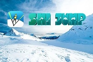 Ski Jump Illustration af et snedækket bjerglandskab med et skiikon og teksten Ski Jump i forgrunden