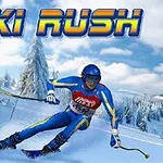 En skiløber i blå dragt racer ned ad en snedækket bakke omgivet af sneklædte træer under en skyfri himmel