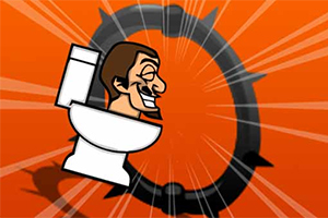 En tegneseriefigur med et smilende ansigt sidder på et toilet på en orange baggrund med et cirkulært tandhjul bagved