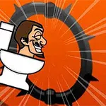 En tegneseriefigur med et smilende ansigt sidder på et toilet på en orange baggrund med et cirkulært tandhjul bagved