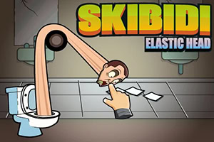 En tegneseriefigur med et elastisk hoved strækker sig fra et toilet, mens en hånd interagerer med hovedet; farverig tekst SKIBIDI ELASTIC HEAD vises i toppen
