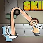 En tegneseriefigur med et elastisk hoved strækker sig fra et toilet, mens en hånd interagerer med hovedet; farverig tekst SKIBIDI ELASTIC HEAD vises i toppen