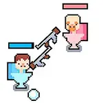 To pixelfigurer i blå og lyserøde stole, der peger våben mod hinanden, med en gaveboks og en kugle imellem dem