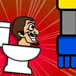 En tegneseriefigur med overskæg sidder i en toiletkumme på en rød baggrund med stråler, mens en stor, farverig robotarm ses til højre