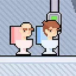 To tegnede personer sidder på toiletter ved siden af hinanden i en pixeleret stil