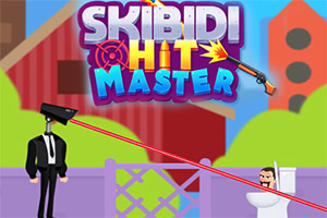 Illustration af en mand i jakkesæt med et kamera som hoved, der sigter en laser mod en mand i en toiletformet struktur, med farverige bygninger i baggrunden og teksten Skibidi Hit Master øverst