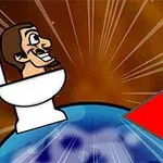 Mand sidder på et toilet oven på en planet med en stor rød pil ved siden af