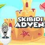 Tegneseriefigur i et toilet foran et stort sandslot og strand med teksten Skibidi Jump Adventure