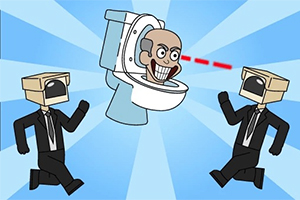 En tegneserieillustration viser to mænd i jakkesæt med papkasser på hovederne, der løber mod en toiletstol med et menneskeligt hoved, der skyder laserstråler ud af øjnene