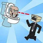 En tegneserieillustration viser to mænd i jakkesæt med papkasser på hovederne, der løber mod en toiletstol med et menneskeligt hoved, der skyder laserstråler ud af øjnene