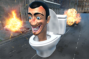 En animation af et stort toilet med et menneskelignende hoved stikker op fra sædet, placeret på en byvej med eksplosioner i baggrunden
