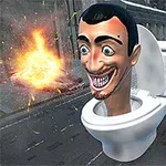 En animation af et stort toilet med et menneskelignende hoved stikker op fra sædet, placeret på en byvej med eksplosioner i baggrunden