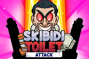 En tegneseriefigur med røde øjne og et ondt grin omkranset af farverige lysstråler og teksten SKIBIDI TOILET ATTACK