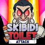 En tegneseriefigur med røde øjne og et ondt grin omkranset af farverige lysstråler og teksten SKIBIDI TOILET ATTACK