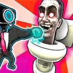 En figur med et skærmhoved iført jakkesæt og pink slips slår en genstand med et menneskeligt hoved, der er placeret i et toilet, med lysende øjne foran en farverig baggrund