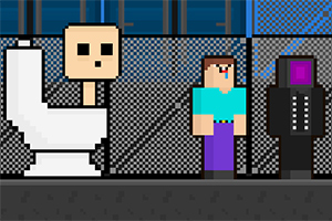 Pixelgrafik med en firkantet figur på toilet, en anden firkantet person i en turkis trøje og lilla bukser, og en tredje firkantet skikkelse i sort dragt foran et netværksgærde