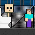 Pixelgrafik med en firkantet figur på toilet, en anden firkantet person i en turkis trøje og lilla bukser, og en tredje firkantet skikkelse i sort dragt foran et netværksgærde