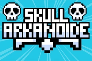 Pixelgrafik med to kranier og teksten Skull Arkanoide på en blå baggrund