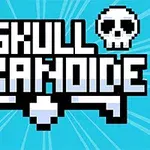 Pixelgrafik med to kranier og teksten Skull Arkanoide på en blå baggrund