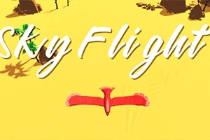 Gul baggrund med en rød fugl og teksten Sky Flight i hvid skrift