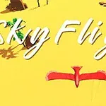 Gul baggrund med en rød fugl og teksten Sky Flight i hvid skrift