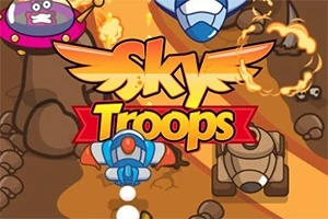 Flyvende tegneserieagtige rumskibe og tanks med teksten Sky Troops i midten