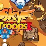 Flyvende tegneserieagtige rumskibe og tanks med teksten Sky Troops i midten