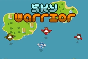 Tegneserieinspirerede fly svæver over et hav med øer i baggrunden, og teksten Sky Warrior er øverst