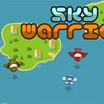 Tegneserieinspirerede fly svæver over et hav med øer i baggrunden, og teksten Sky Warrior er øverst