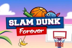 En tegneserieillustration med en basketball, en banan, en fisk med bandana, og teksten Slam Dunk Forever over en basketballkurv på en farverig baggrund