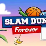 En tegneserieillustration med en basketball, en banan, en fisk med bandana, og teksten Slam Dunk Forever over en basketballkurv på en farverig baggrund