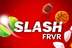 Rød baggrund med hvide bogstaver, der staver SLASH FRVR, omgivet af elementer som blade, en basketball, en amerikansk fodbold og en badmintonbold