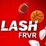 Rød baggrund med hvide bogstaver, der staver SLASH FRVR, omgivet af elementer som blade, en basketball, en amerikansk fodbold og en badmintonbold
