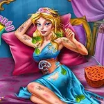 En tegneserieprinsesse sidder på en seng med en krone og beskidt kjole omgivet af spaudstyr og et farverigt skilt