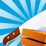 En stor kniv skærer gennem en blok af orange ost på en baggrund med blå stråler