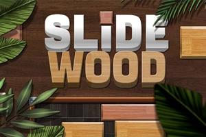 Træfliser og grønne blade omkring teksten SLIDE WOOD på en mørk træbaggrund