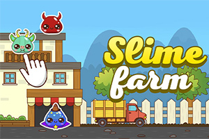 Tegning af en gård med tegneserieagtige slimfigurer på taget, en lastbil foran og teksten Slime farm