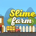 Tegning af en gård med tegneserieagtige slimfigurer på taget, en lastbil foran og teksten Slime farm