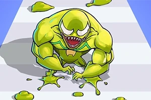 Gul, muskuløs monsterfigur med skarpe tænder på en stribet vej med slimpletter