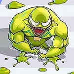 Gul, muskuløs monsterfigur med skarpe tænder på en stribet vej med slimpletter