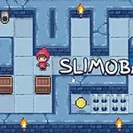 En pixelscene med en labyrint, hvor en figur i rød hætte er omgivet af kasser, flammer og et grønt slimvæsen