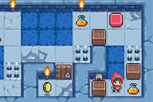 En pixel-art labyrint med blå stenfliser, fakler, en person med rød hætte, kasser og gule flasker