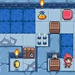 En pixel-art labyrint med blå stenfliser, fakler, en person med rød hætte, kasser og gule flasker