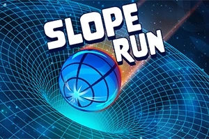 Blå kugle ruller gennem et tredimensionelt net med Slope Run skrevet i store bogstaver