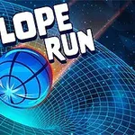 Blå kugle ruller gennem et tredimensionelt net med Slope Run skrevet i store bogstaver
