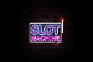 Neonskilt med teksten SLOT MACHINE mod en mørk baggrund af mursten