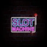 Neonskilt med teksten SLOT MACHINE mod en mørk baggrund af mursten